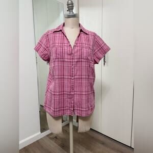 Sonoma Pink Plaid Women's Button-Down Short Sleeve Shirt Blouse Medium